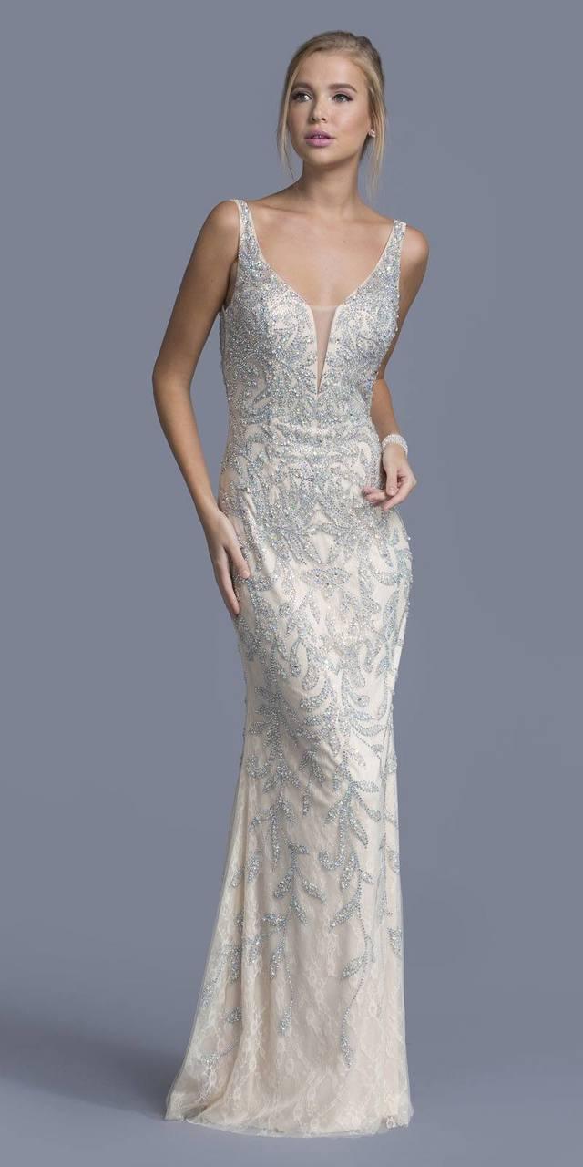 Aspeed - L2021 Lavish Embellished Deep V-neck Evening Dress
