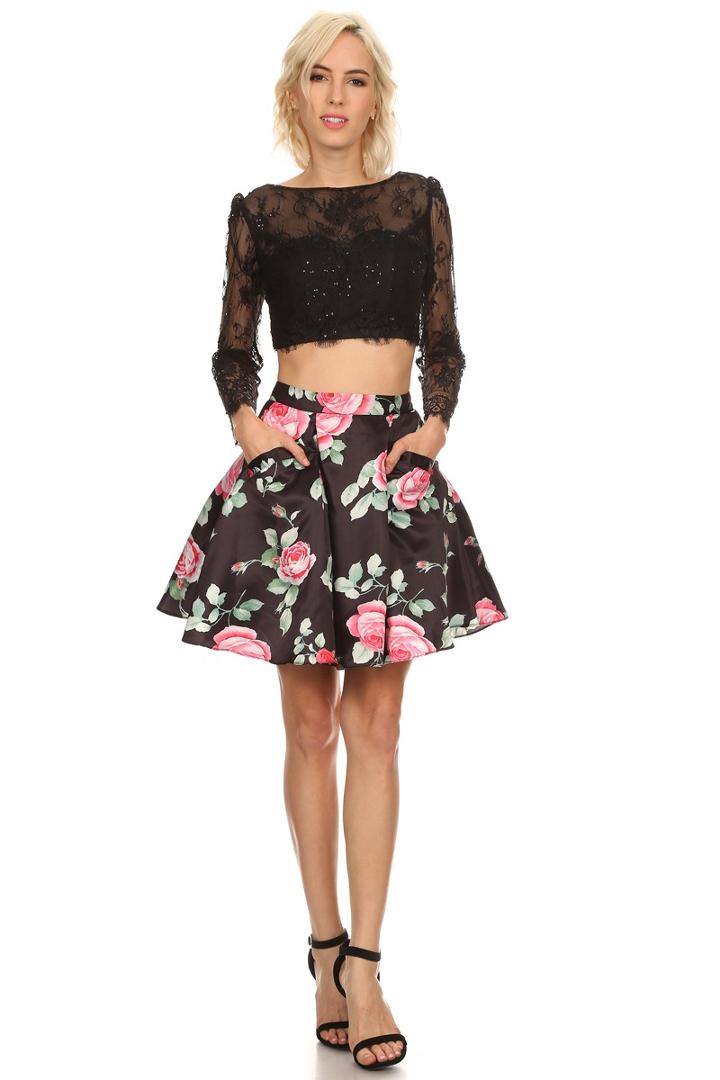 Two-piece Lace Bateau Illusion Short Homecoming Dress With Sheer Long Sleeves