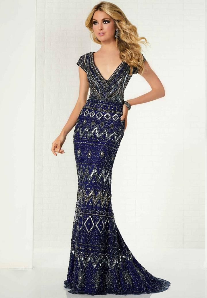 Tiffany Homecoming - 46149 Deep V-neck Embellished Sheath Gown