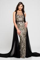 Terani Couture - 1723e4287 Gilded Leaf Embroidered Gown With Cape