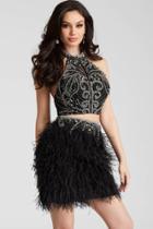 Jovani - 51527 Beaded Two Piece Halter Feathered Cocktail Dress