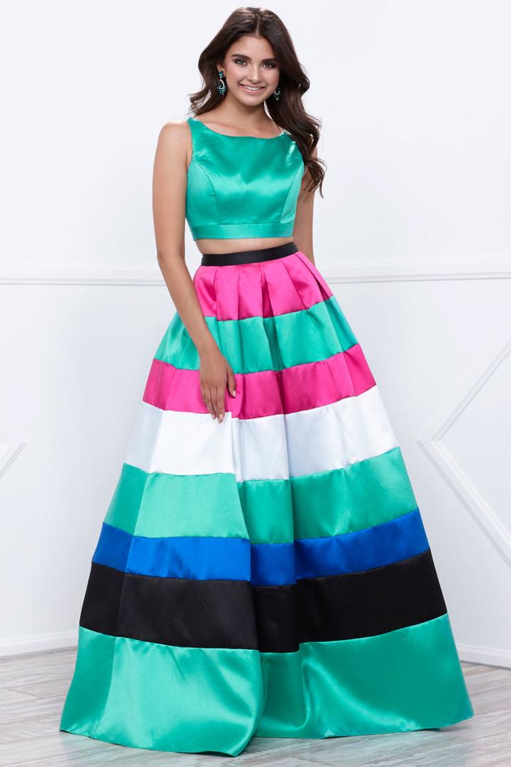 Two-piece Bateau Mikado Long Dress With Color Blocked Skirt