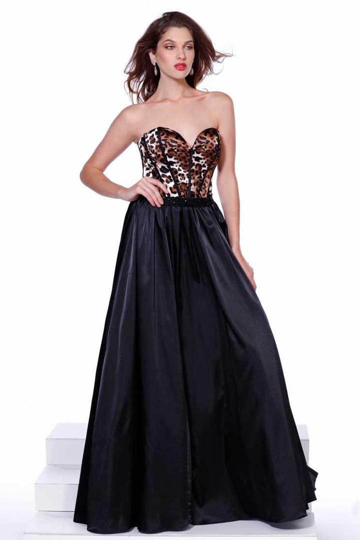 Strapless Sweetheart Corset Long Dress With Leopard Print And Boning On Bodice