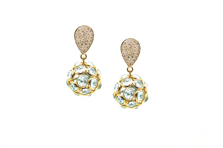 Tresor Collection - Blue Topaz Origami Sphere Ball Earring On A Pear Shaped Diamond Pave Top In 18k Yellow Gold