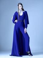 Mnm Couture - G0910 Long Sleeve Pantsuit With Back Train