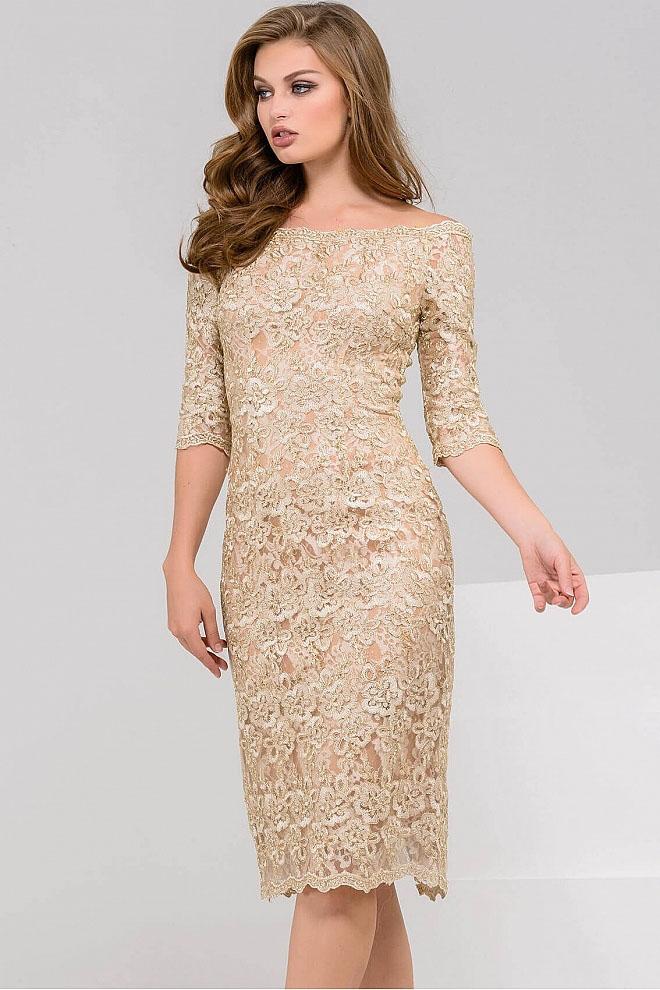 Jovani - 51278 Gold Lace Off Shoulder Knee Length Dress