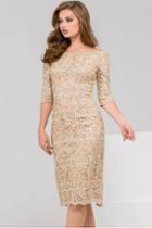 Jovani - 51278 Gold Lace Off Shoulder Knee Length Dress