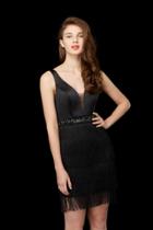 Angela And Alison - 72032 Plunging Beaded Waist Fringe Short Dress