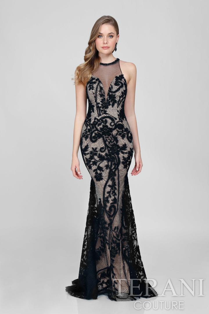 Terani Evening - Sheer Lace Appliqued Trumpet Gown 1711e3160