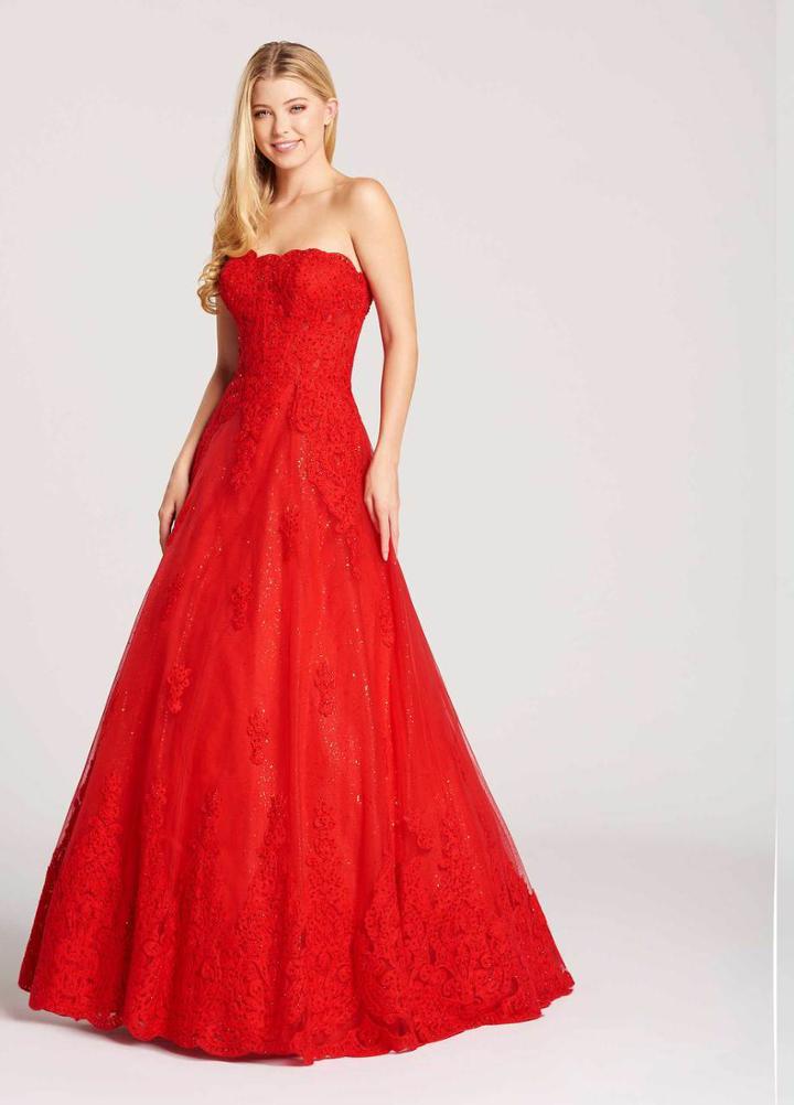 Ellie Wilde - Ew118018 Strapless Scalloped Neck Embellished Lace Gown