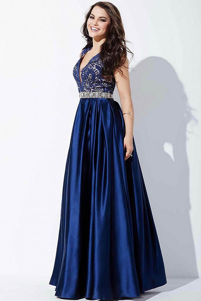 Jovani - Lace And Bead Embellished V-neck Satin A-line Dress 28728