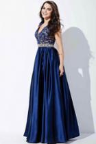 Jovani - Lace And Bead Embellished V-neck Satin A-line Dress 28728