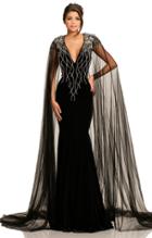Johnathan Kayne - 8011 Deep V-neck Velvet Gown With Mesh Cape