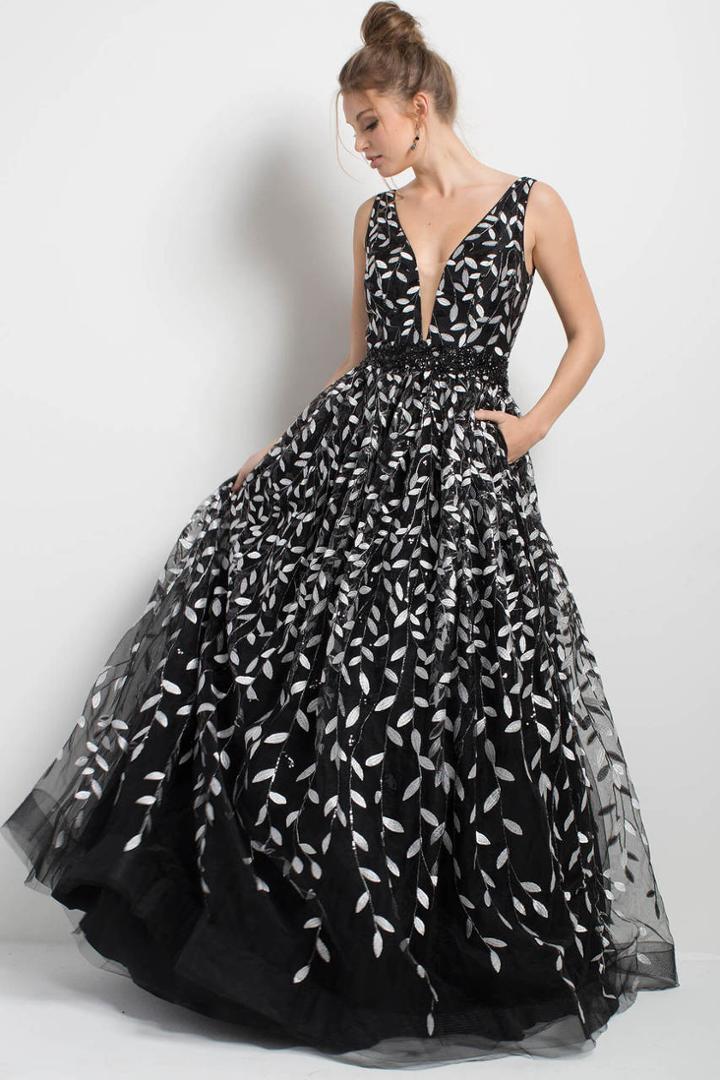 Jovani - Trailing Embroidery Tulle Gown 55704