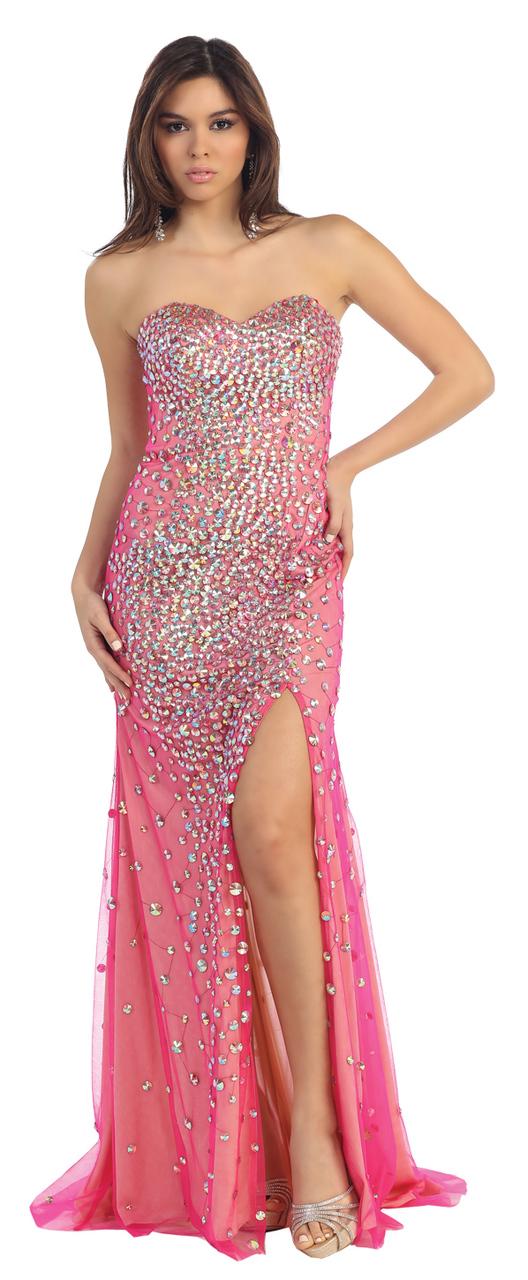 Long Strapless Rhinestone Dress With Slit