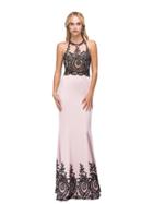 Sleeveless Illusion Long Gown With Black Lace Applique