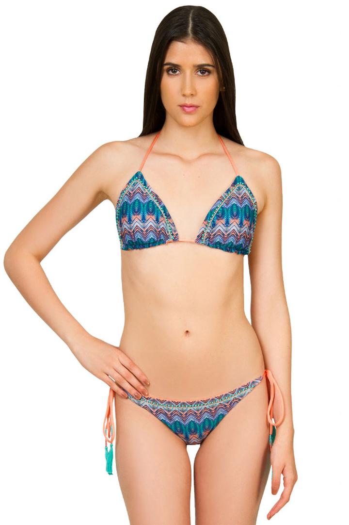 Caffe Swimwear - Embellished Triangle Bikini In Printed Blue