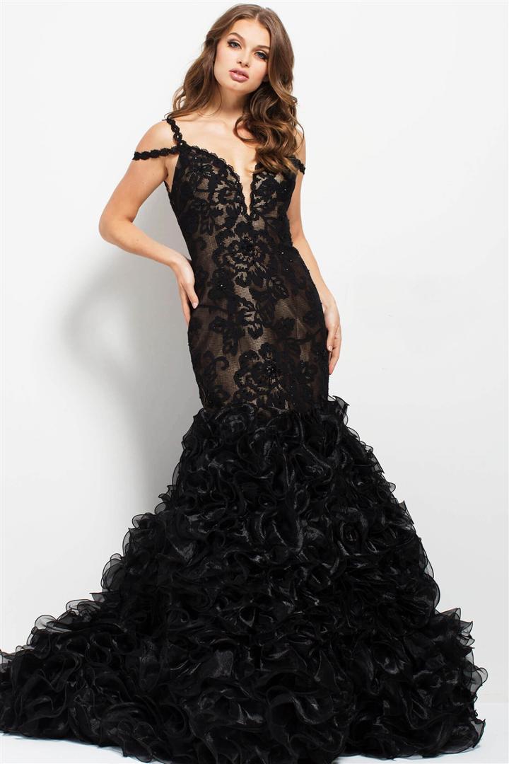 Jovani - 50334 Floral Plunging Ruffled Mermaid Gown