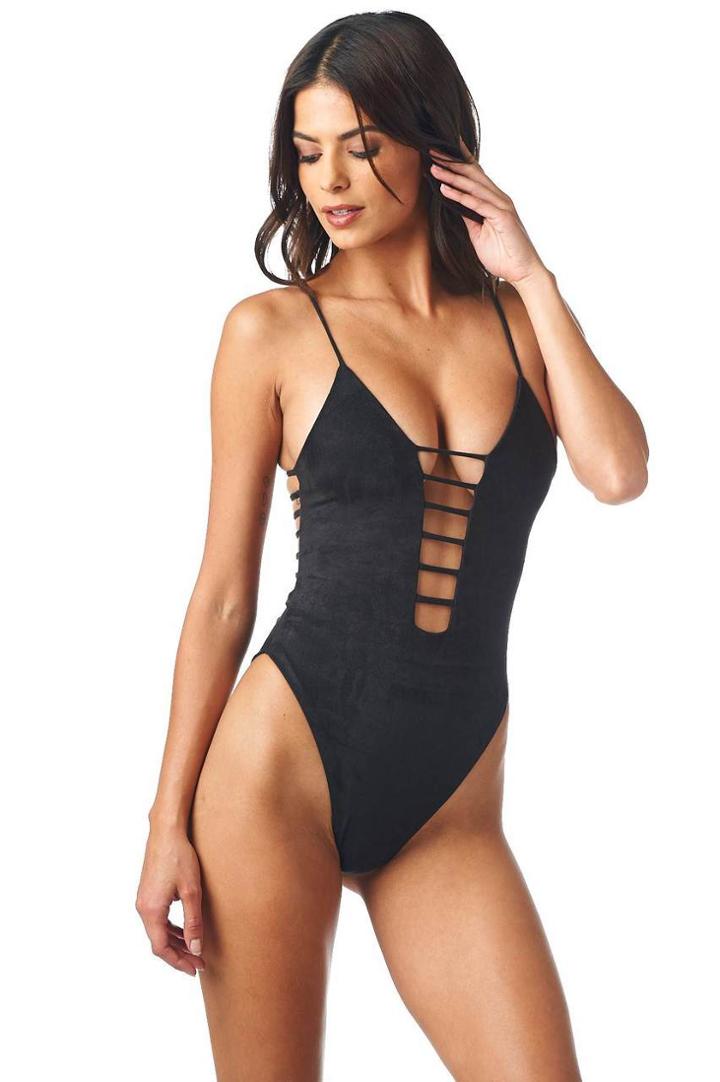 Montce Swim - Black Faux Suede Cage One-piece