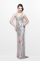 Primavera Couture - Glittering Sleeveless V-neck Long Dress With Slit 1833