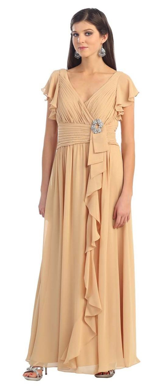 May Queen - Sweet Short Sleeve Ruched V-neck Draping A-line Dress Mq924