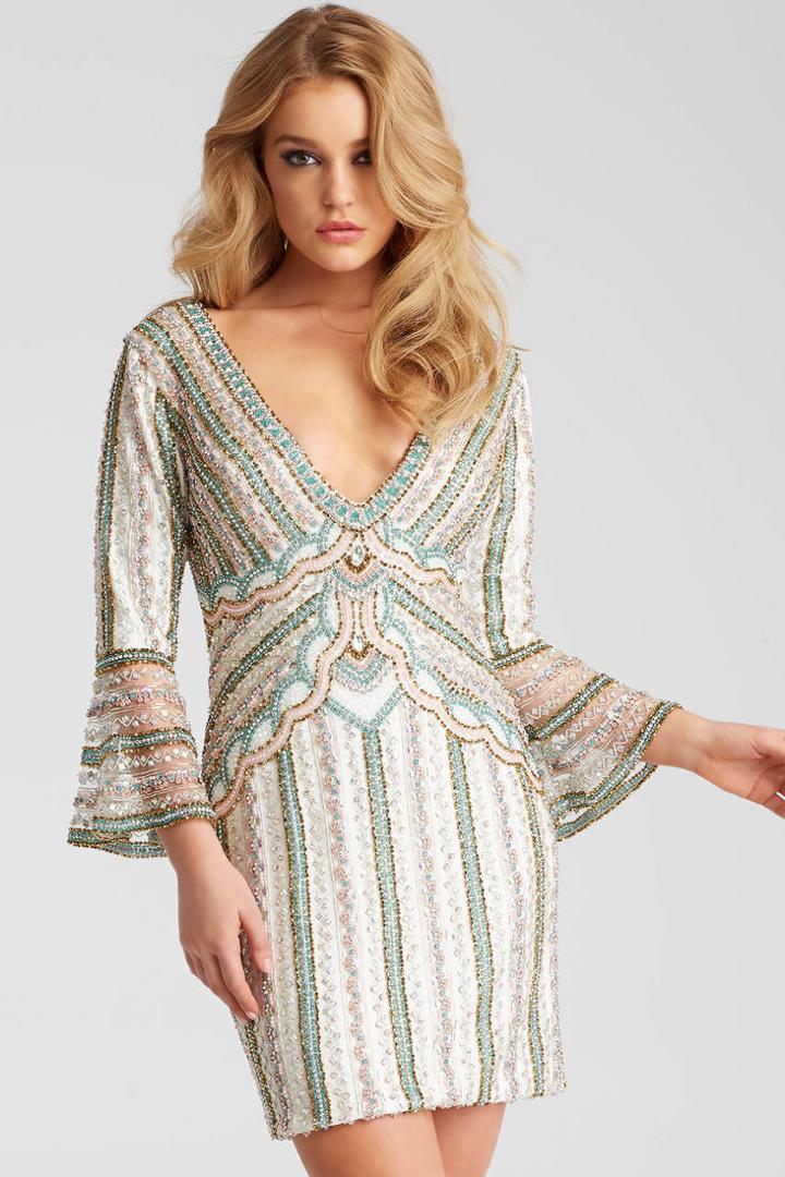 Jovani - 52208 Beaded V Neck Quarter Length Sleeves Short Dress