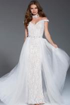 Jovani - 58317 Off Shoulder Bejeweled Lace Overskirt Gown