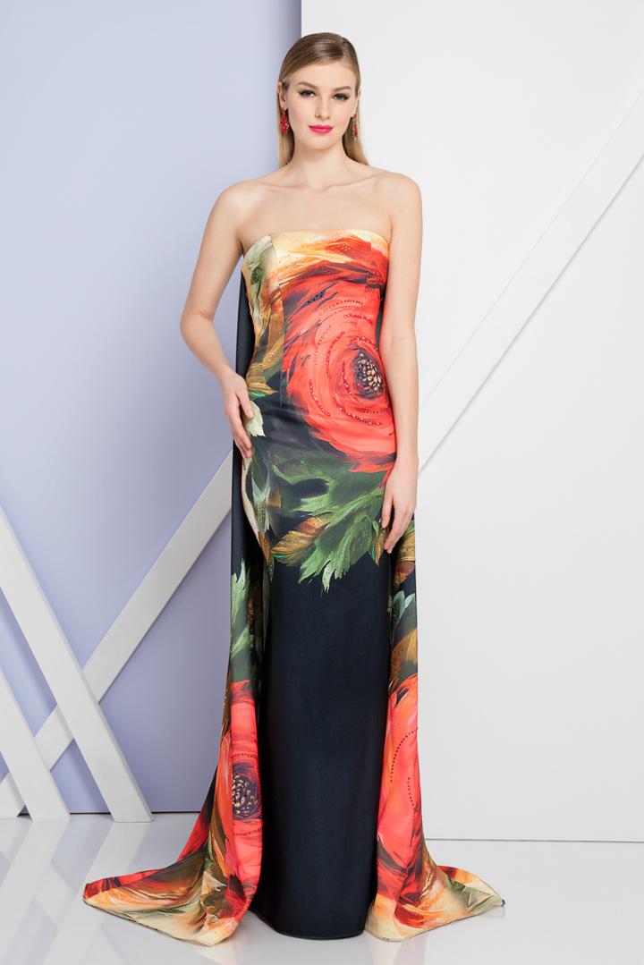 Terani Couture - 1721e4167 Rose Printed Strapless Watteau Long Gown