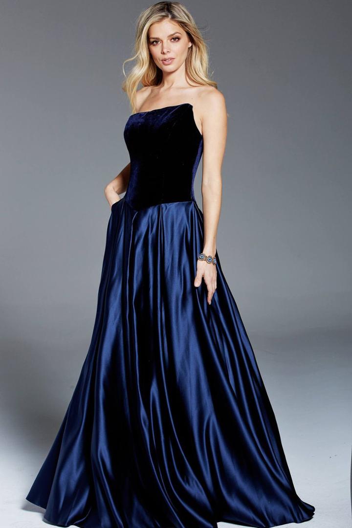 Jovani - 52068 Strapless Velvet Bodice Satin A-line Gown