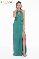 Terani Couture - 1821e7119 Pleated Metallic Knit Plunging Cutout Gown