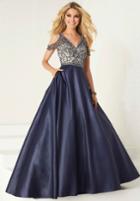 Tiffany Homecoming - 16283 Beaded V-neck Shimmer Satin A-line Gown
