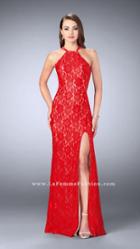 La Femme - Classic High Halter Lace Long Sheath Evening Gown 24293