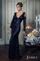 Janique - Sequined Long Sleeve V-neck Long Mermaid Gown K6576
