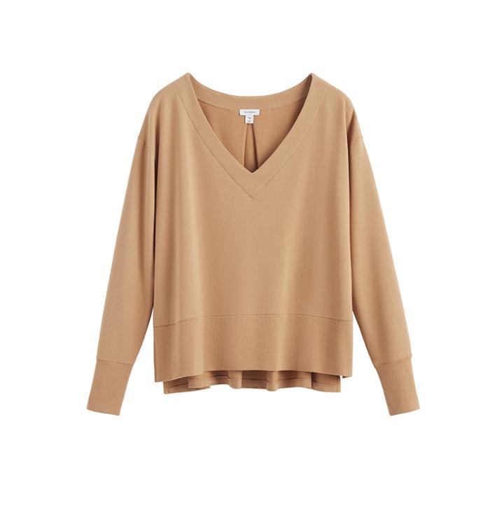 Women's French Terry V-neck Sweatshirt In Camel | Size: Large | Organic Cotton Modal Blend By Cuyana