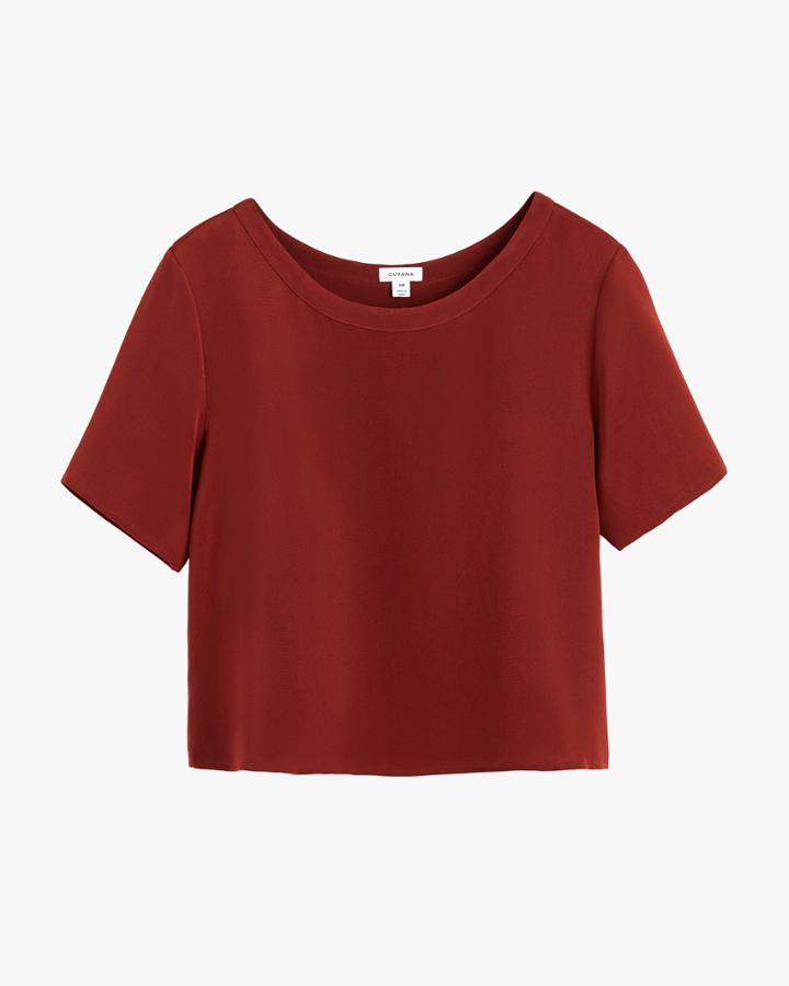 Women's Silk Cropped Crewneck Tee In Dark Rust | Size: Medium | 3 Ply Crepe Silk By Cuyana