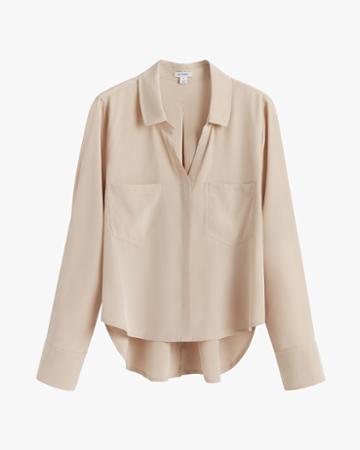 Women's Silk Pocket Front Cropped Shirt In Sand | Size: Large | Crepe De Chine Silk By Cuyana