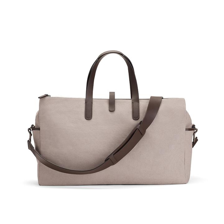 Women's Triple Zipper Weekender Bag In Soft Grey/dark Brown | Canvas & Smooth Leather By Cuyana