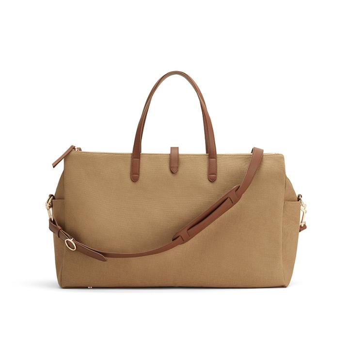 Women's Triple Zipper Weekender Bag In Sand/chestnut | Organic Canvas/smooth Leather By Cuyana