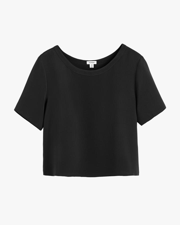 Women's Silk Cropped Crewneck Tee In Black | Size: Medium | 3 Ply Crepe Silk By Cuyana