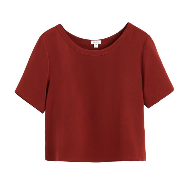 Women's Silk Cropped Crewneck Tee In Dark Rust | Size: Large | 3 Ply Crepe Silk By Cuyana