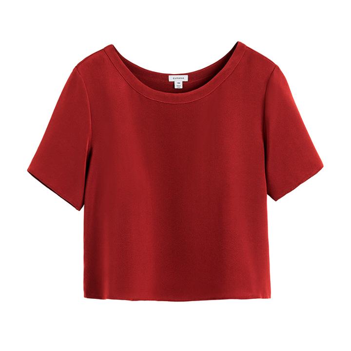 Women's Silk Cropped Crewneck Tee In Poppy | Size: Large | 3 Ply Crepe Silk By Cuyana