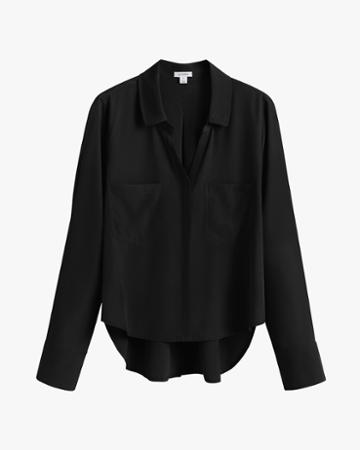 Women's Silk Pocket Front Cropped Shirt In Black | Size: Large | Crepe De Chine Silk By Cuyana