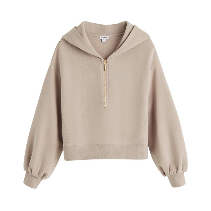 Women's Fleece Cropped Zip Hoodie In Stone | Size: Large | 100% Cotton By Cuyana