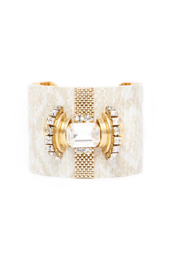 Dailylook Sandy Hyun Crystal Leather Cuff Bracelet In Bone At Dailylook