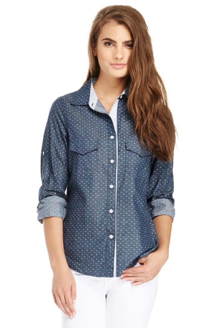 Dailylook Polka Dot Chambray Shirt In Navy S At Dailylook