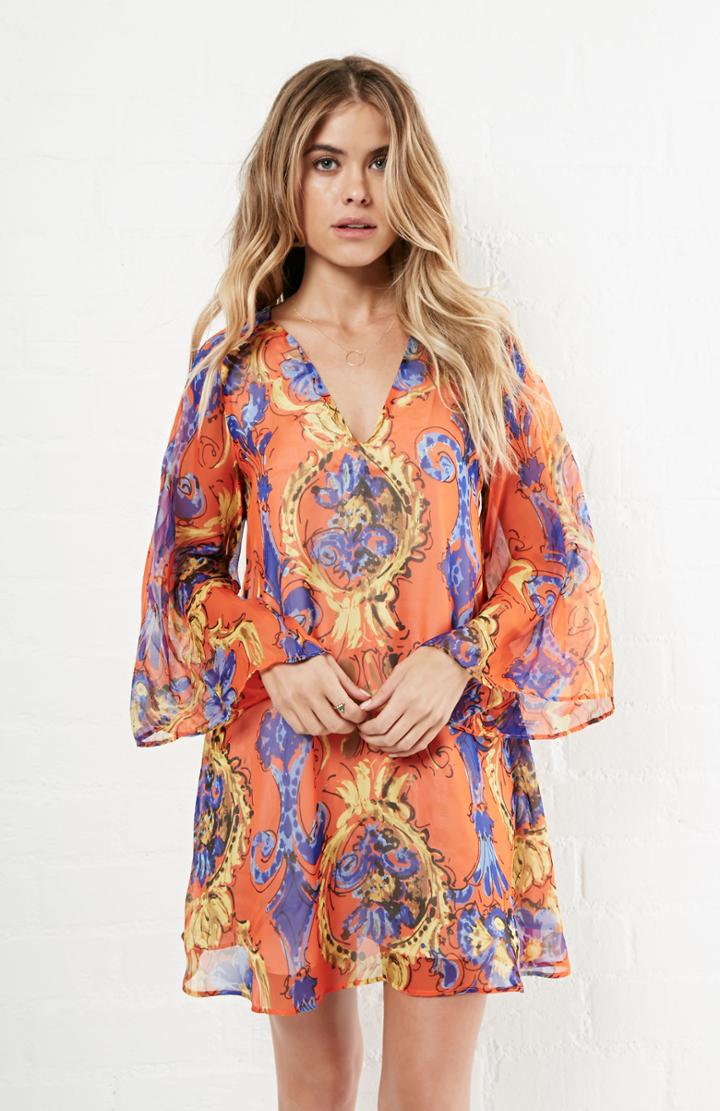 Dailylook Lavender Brown Silk Long Sleeve V-neck Tunic Dress In Multi-colored Xs - L At Dailylook