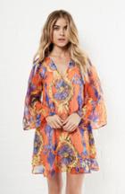 Dailylook Lavender Brown Silk Long Sleeve V-neck Tunic Dress In Multi-colored Xs - L At Dailylook