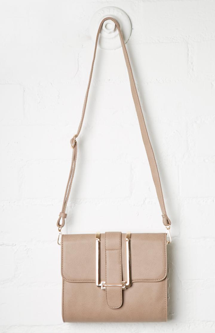 Dailylook Janine Vegan Leather Metal Flap Crossbody Purse In Taupe At Dailylook