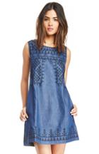 Dailylook Sleeveless Embroidered Chambray Shift Dress In Blue M At Dailylook