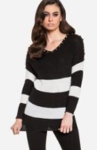 Dailylook Striped Spike Shoulder Sweater In Black S - M At Dailylook